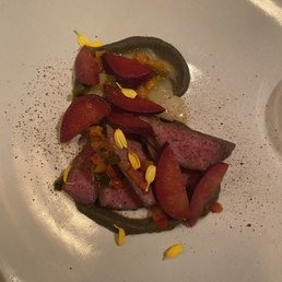 Coquine signature dishes Black Cod with New Potatoes, Celery, Wakame, Pickled Mustard Sees and Crispy Shallots, Chicken Liver Mousse with Santa Rosa Pllum Jam and Pecan-raisin Toasts, Lamb Loin with Charred Onion-eggplant Soubise, Leeks, Sweet Peppers and Ayers Creek Plums, Dungeness Crab